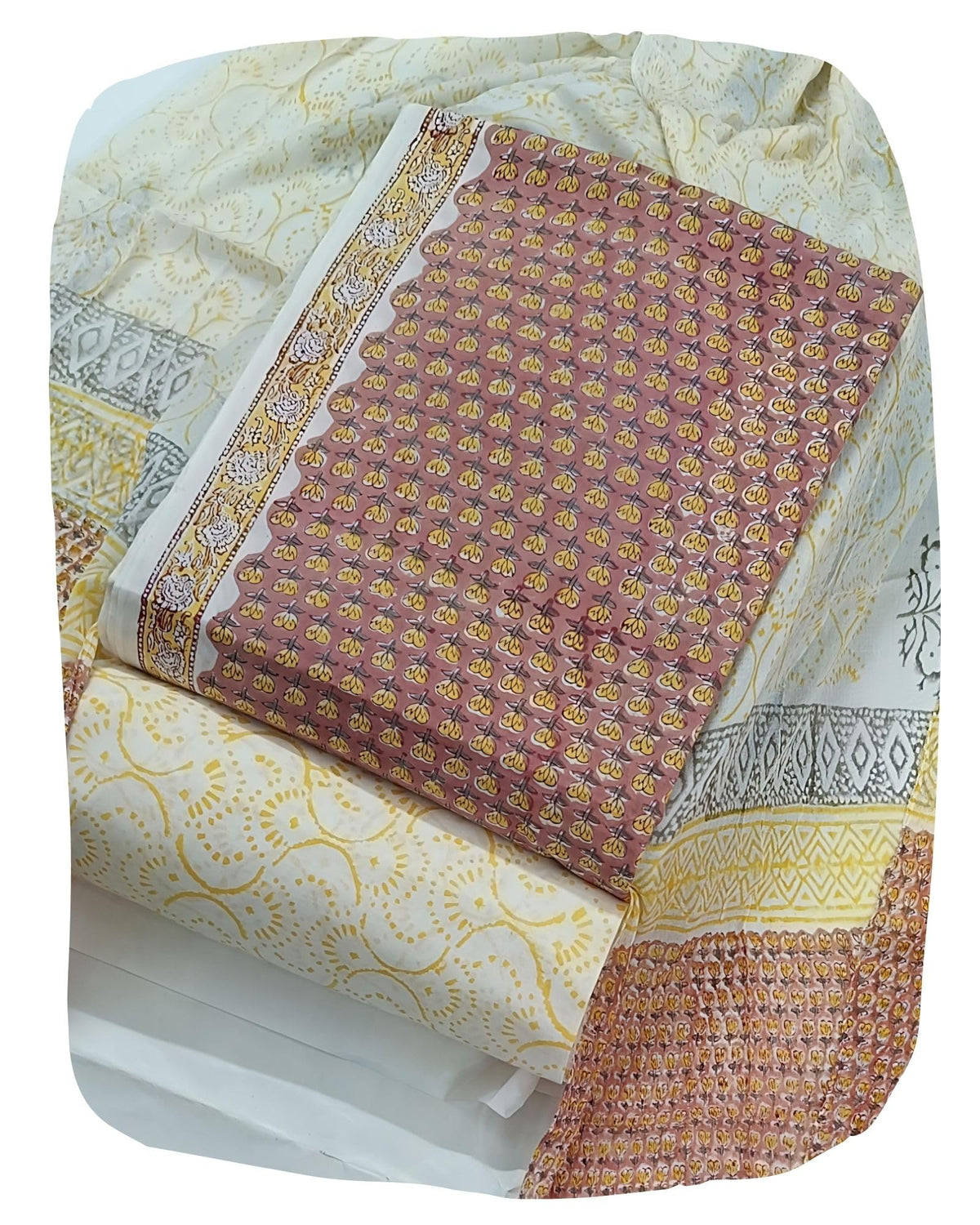 Hand Block Bagru Print Pure Cambric Cotton Unstitched Suit Material with Chiffon Hand Printed Dupatta