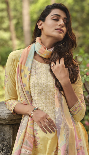 DRAVINAM Trends Unstitched Embroidered Digital printed Pure Jaam Cotton Women Salwar Suit Set Fabric with Mal Mal Cotton Dupatta