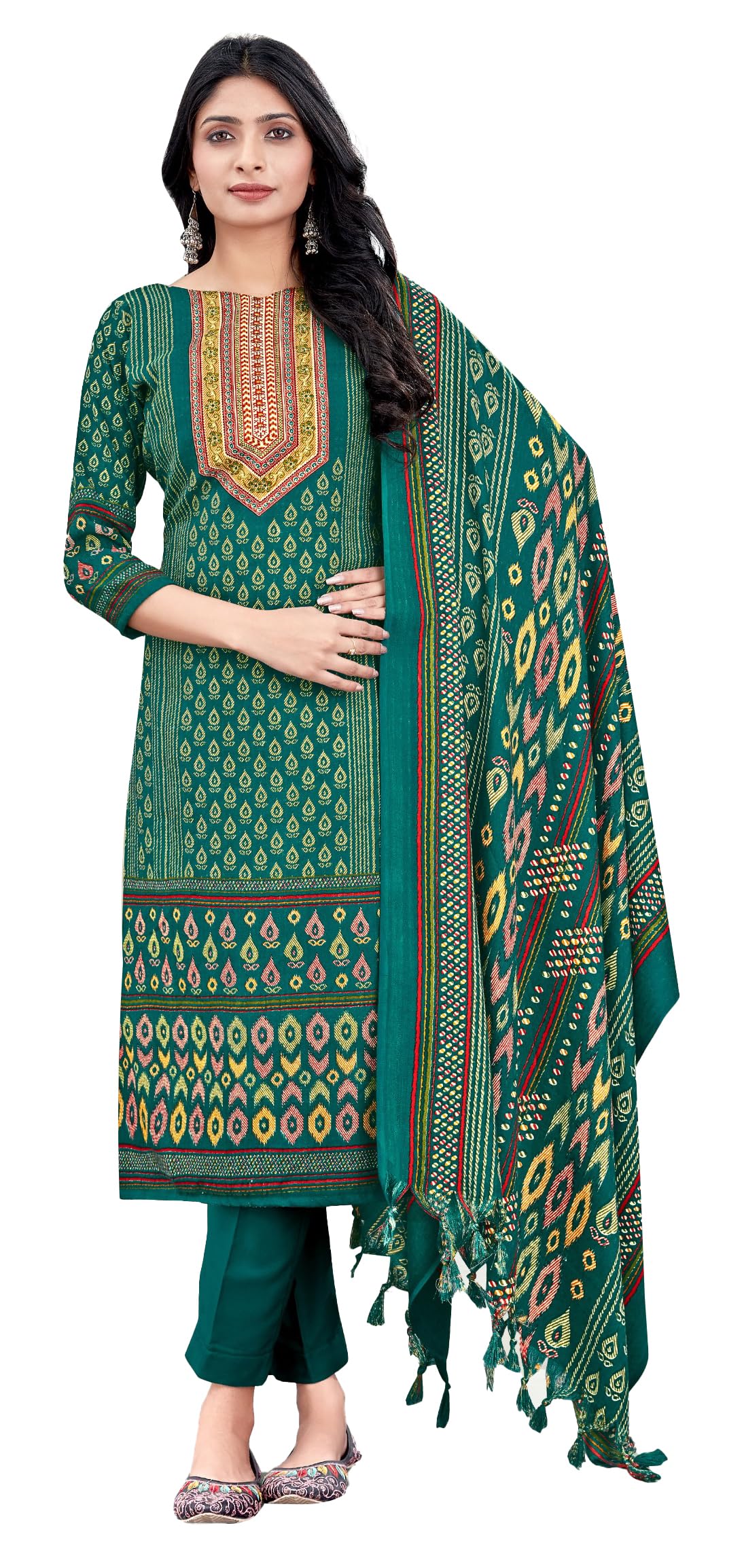 DRAVINAM Trends Women's Unstitched Kaani Print Pashmina Winter wear Dress Material Fabric for Salwar Suit with printed pashmina Kashmiri shawl dupatta (Green)