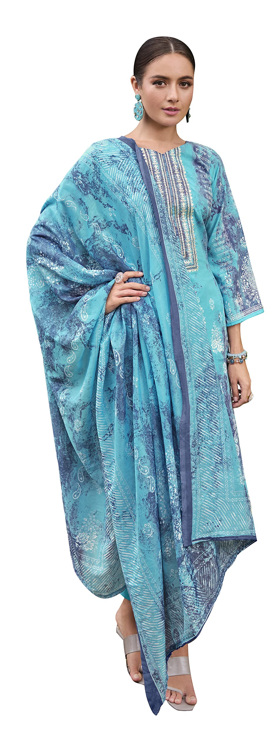DRAVINAM Trends Unstitched Printed Embroidered Lace Work Cotton Salwar Suits Dress Material with Cotton Dupatta