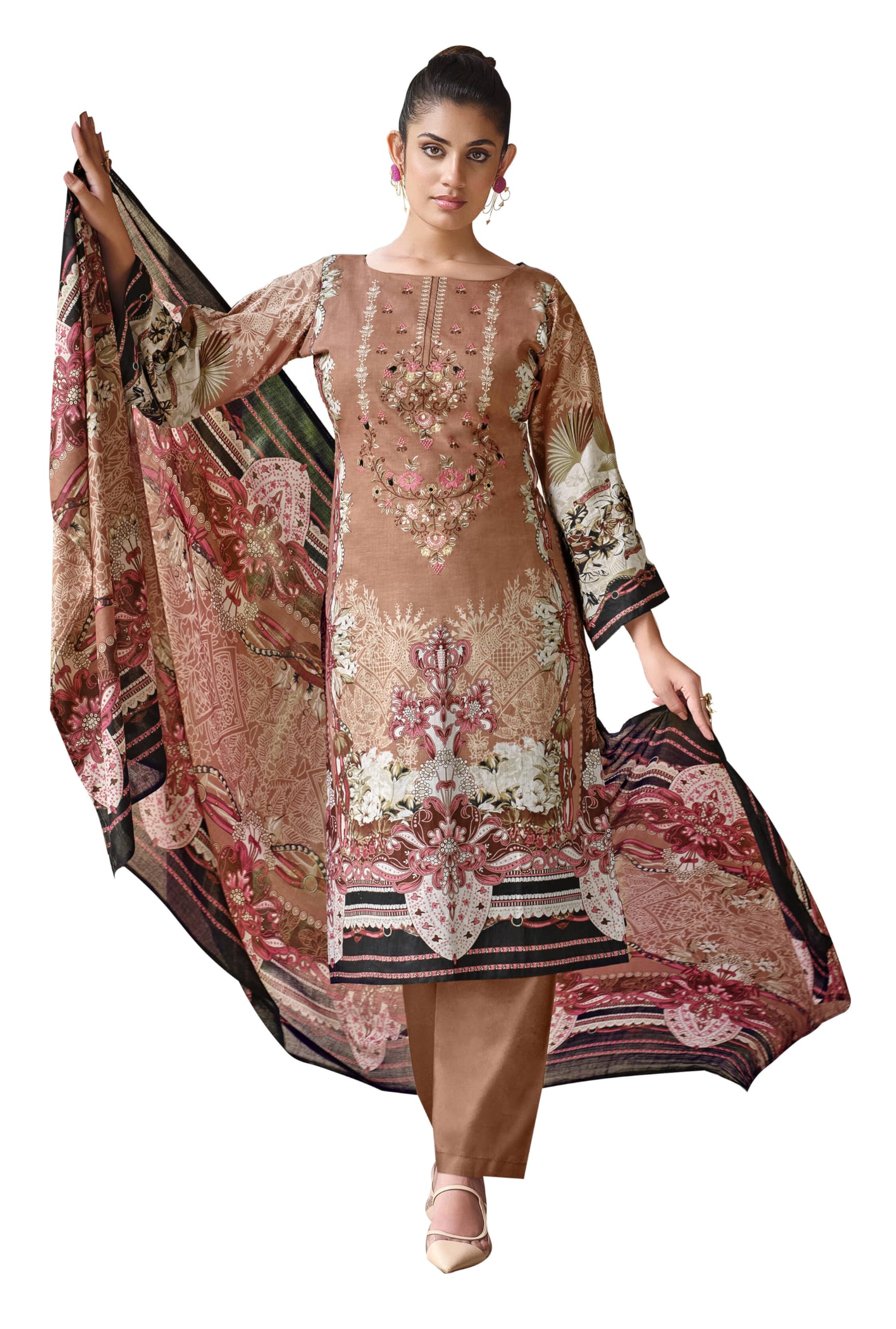 DRAVINAM Trends Unstitched Pakistani Print Embroidered Cotton Salwar Suit Dress Materials with Cotton Printed Dupatta (Beige)