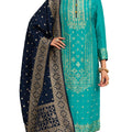 DRAVINAM Trends Meenakari Zari Dola Banarasi Jacquard Silk Salwar suit Dress Material with Dola Jacquard Double Jari Heavy Beautiful Dupatta (Firozee and dark blue)
