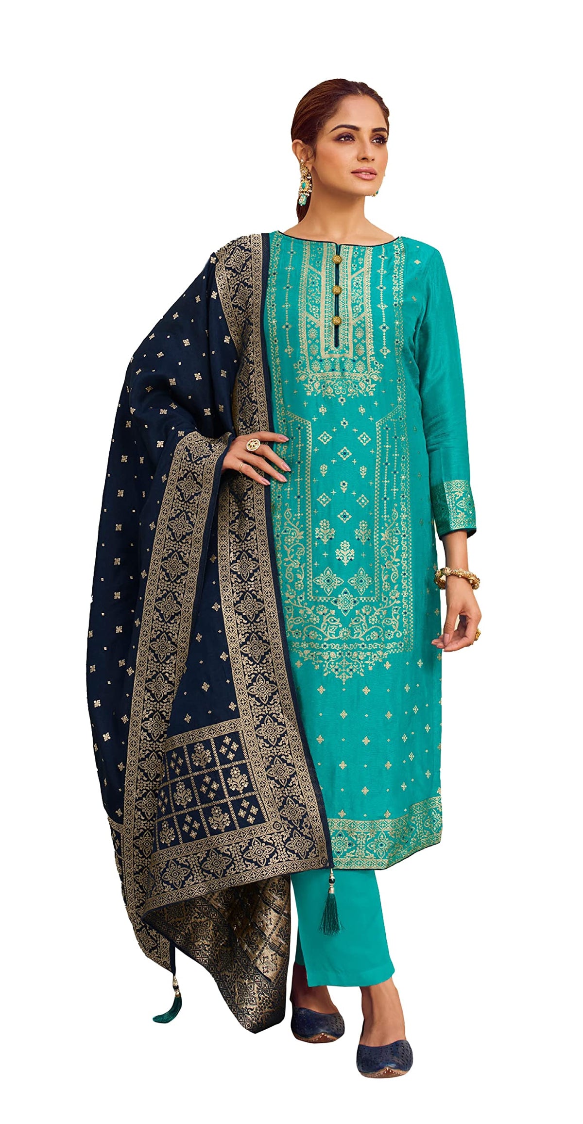 DRAVINAM Trends Unstitched Meenakari Zari Dola Banarasi Silk Salwar suit Dress Material with Dola Jacquard Double Jari Heavy Beautiful Dupatta (Peach and Dark Purple)