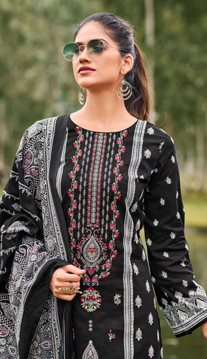 DRAVINAM Trends Women's Pakistani Print Embroidered Unstitcehd Pure Cambric Cotton Salwar Suit Dress Materials with Pure Cotton Printed Dupatta