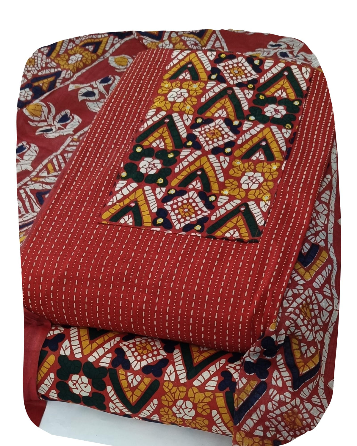 DRAVINAM Trends Women's Unstitched Cambric Cotton Dress Material Salwar Suit Set with Dupatta | Geometric Batik Print & Embellished Neckline (Multicolor)