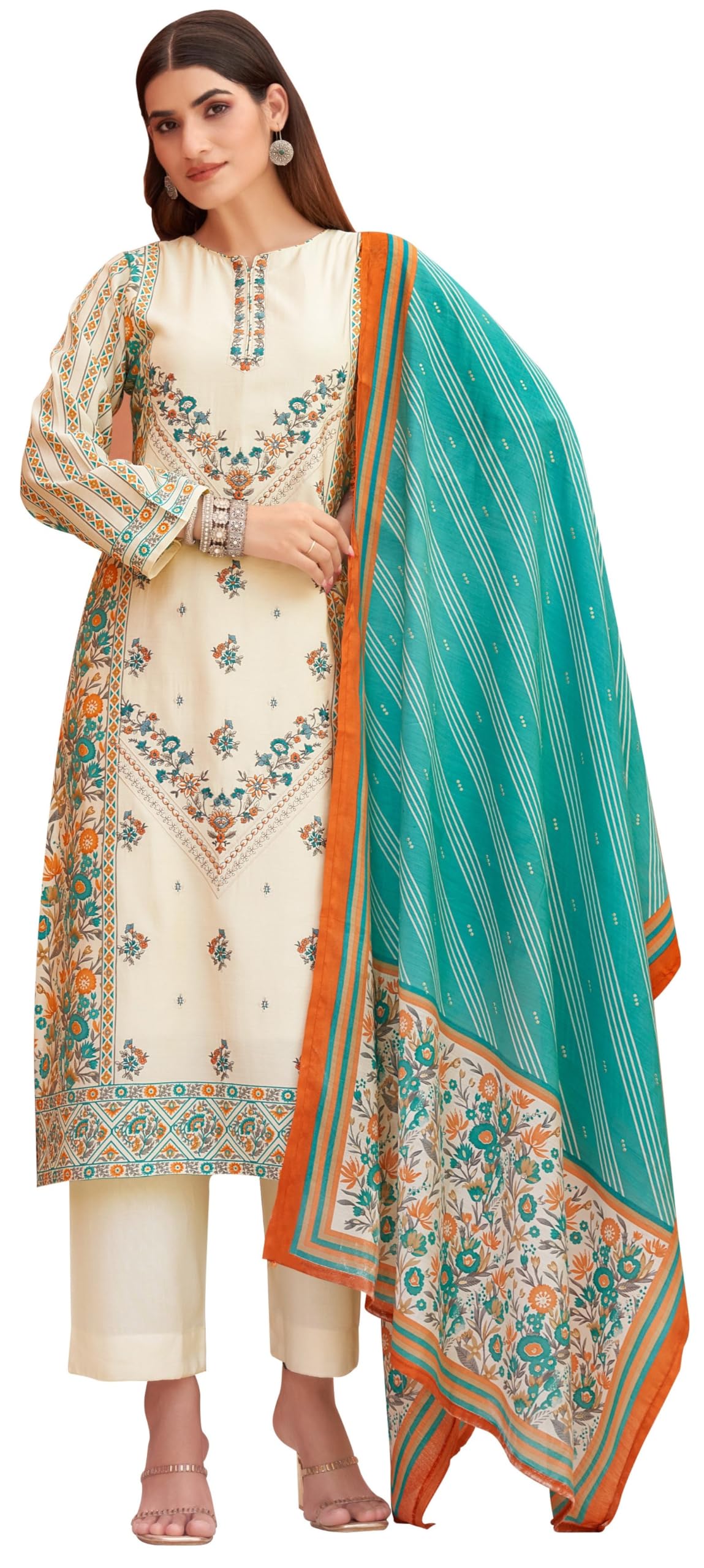 DRAVINAM Trends Women's Unstitched Masline Embroidered Suit Material - Viscose Maslin Embroidered Printed Shirt II Maslin Bottoms II Maslin Digital Printed Dupatta