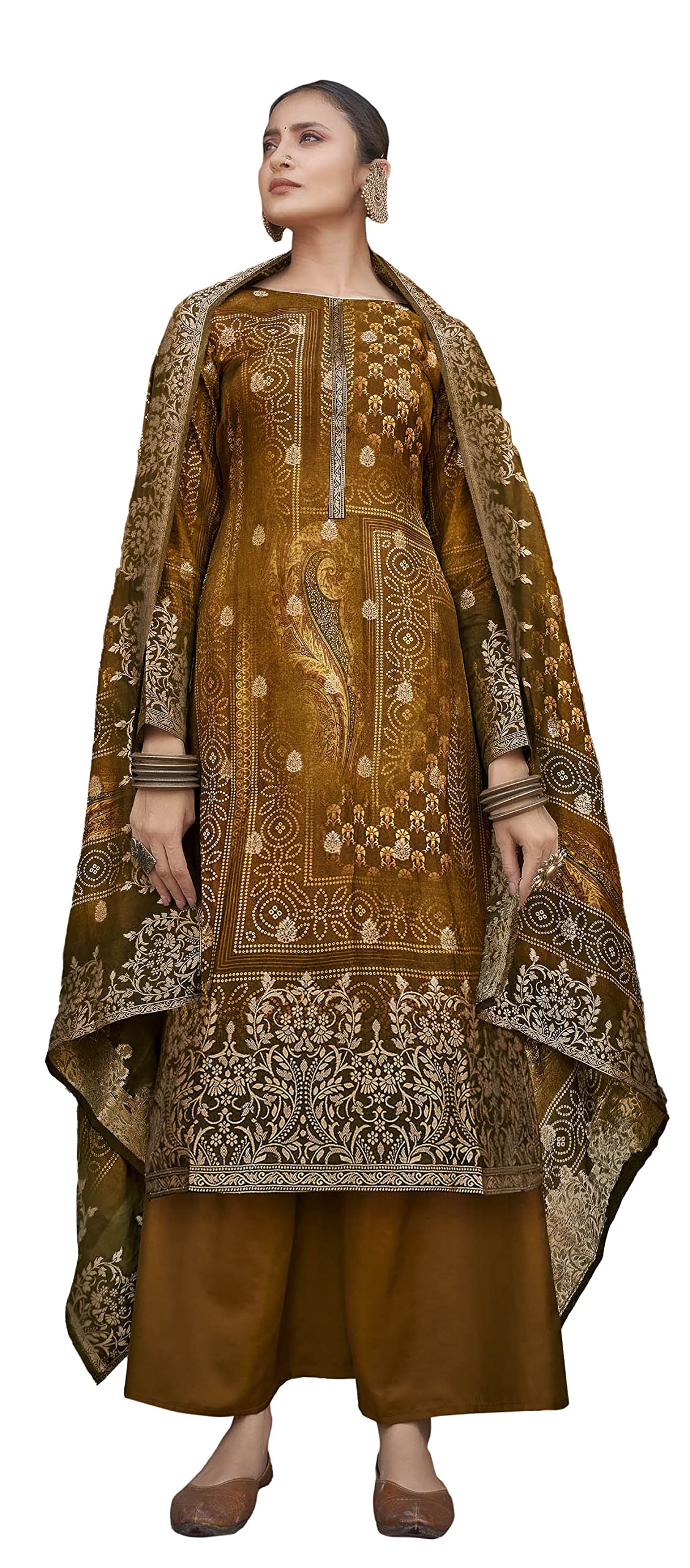 DRAVINAM Trends Women's Pure Dola Silk jacquard Bandhani Digital printed Sharara style Unstitched Suit Dress material with Pure Dola silk Woven Banarasi Dupatta (Free size_Pink)