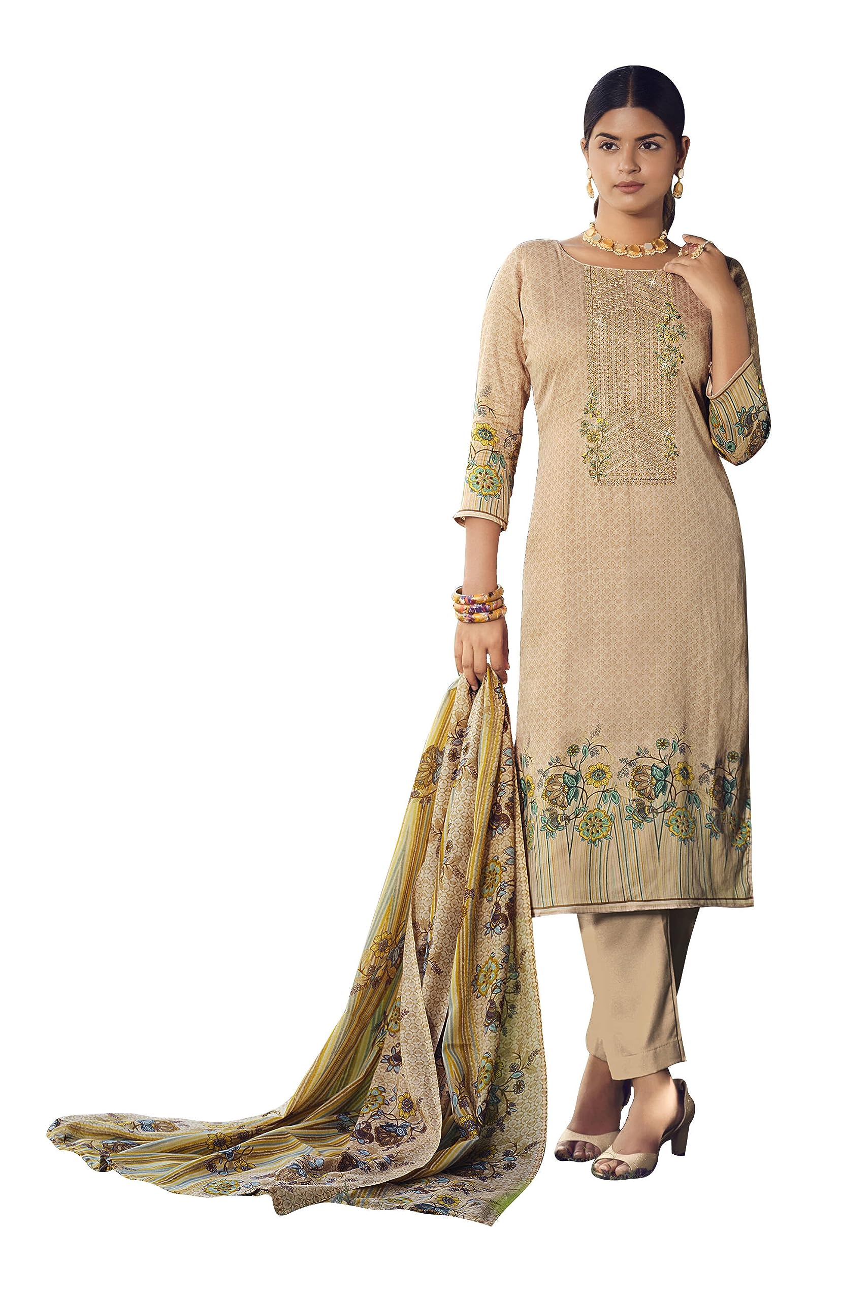 DRAVINAM Trends Women Unstitched Pakistani Print Embroidered Cotton Salwar Suit Dress Materials With Cotton Dupatta
