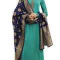 DRAVINAM Trends Women's Satin Georgette Unstitched Embroidered Chudidaar Salwar Suit dress Material with Heavy Pure Banarasi Meena Jacquard silk Dupatta (Free size_Blue and Firozee)