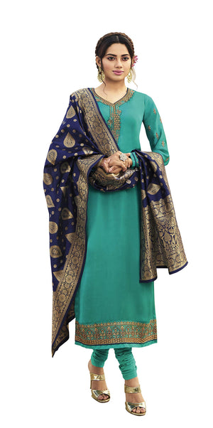 DRAVINAM Trends Women's Satin Georgette Unstitched Embroidered Chudidaar Salwar Suit dress Material with Heavy Pure Banarasi Meena Jacquard silk Dupatta (Free size_Blue and Firozee)