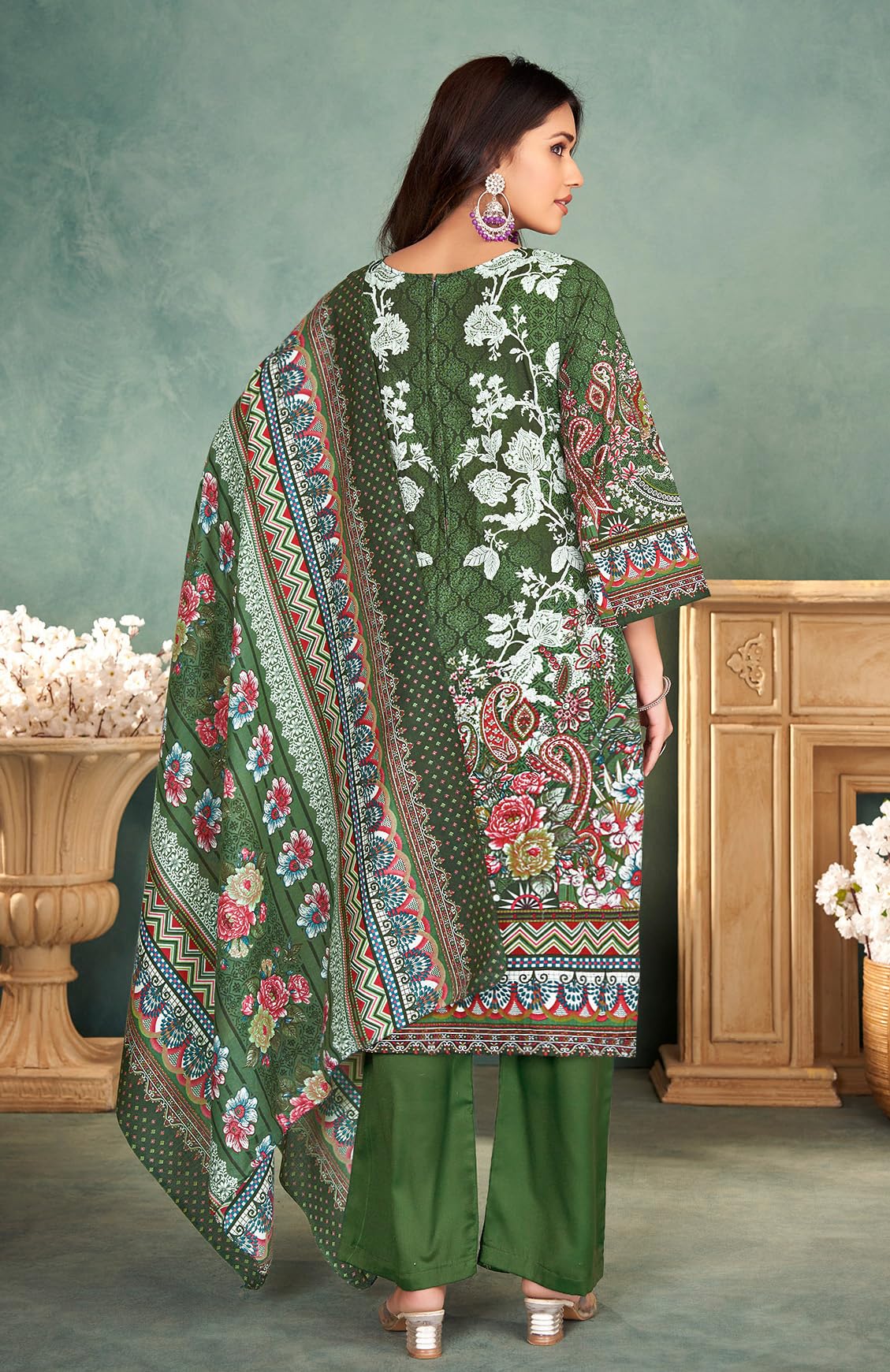 DRAVINAM Trends Lawn Cotton Pakistani Embroidered Suit Dress Material with Unstitched Bottoms and Cotton Dupatta