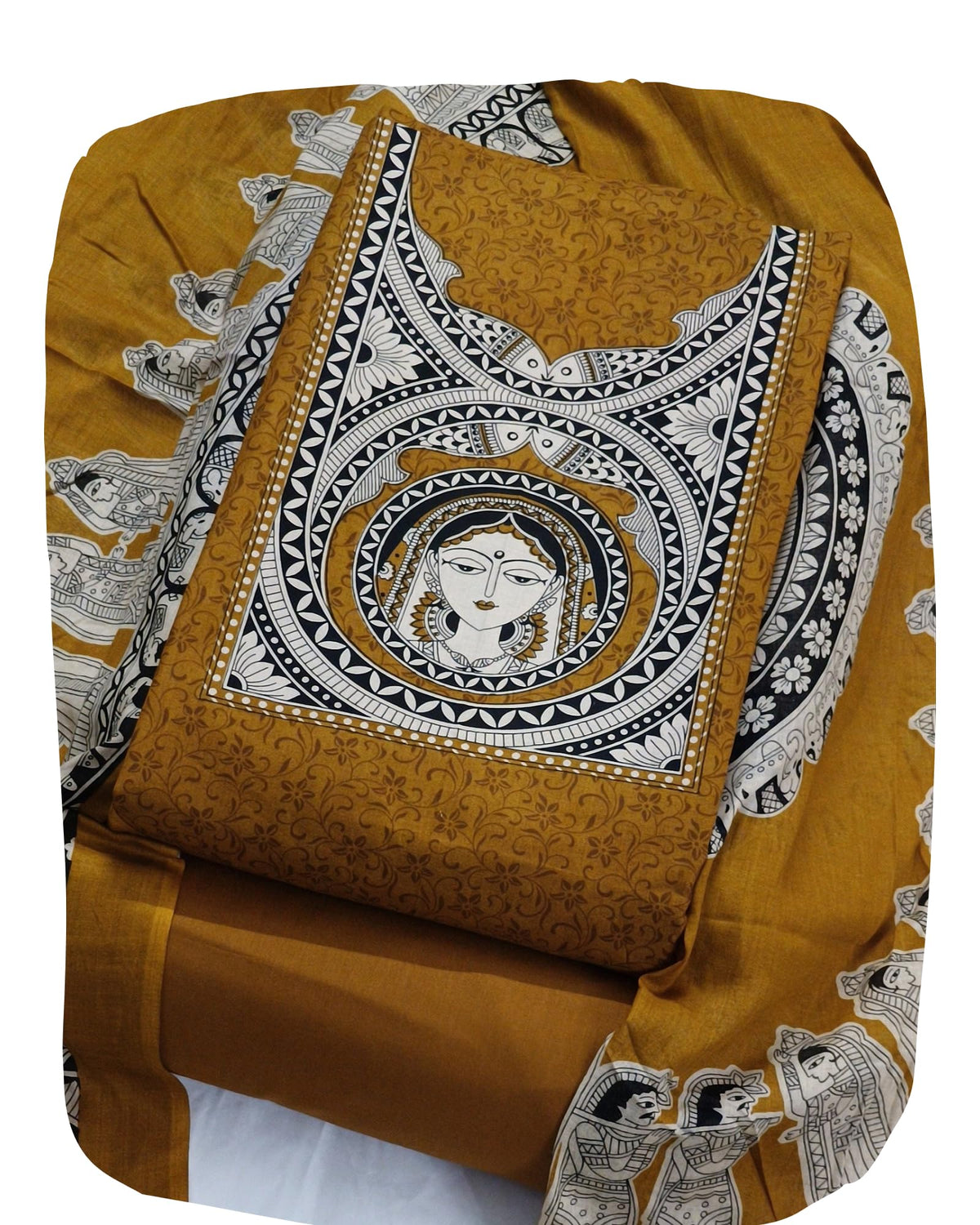 DRAVINAM Trends Women's Handblock Dabu Print Pure Cotton Unstitched Salwar Suit Dress Material with Peacock Motif & Mulmul Dupatta
