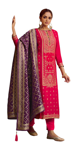 DRAVINAM Trends Unstitched Meenakari Zari Dola Banarasi Silk Salwar suit Dress Material with Dola Jacquard Double Jari Heavy Beautiful Dupatta (Peach and Dark Purple)