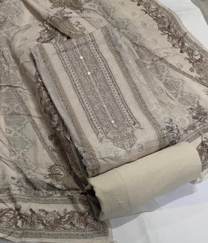 DRAVINAM Trends Women's Elegant Taupe & Off-White Embroidered Pure Muslin Dress Material with Printed Dupatta