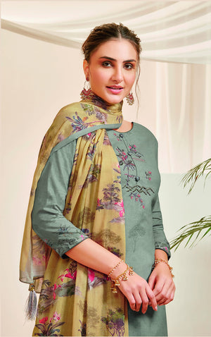 DRAVINAM Trends Women's Unstitched Pure Lawn Digital Printed Placement Embroidered Cotton Salwar Suit Dress Material with Mal Mal Cotton Digital Printed Dupatta (Parrot Green)