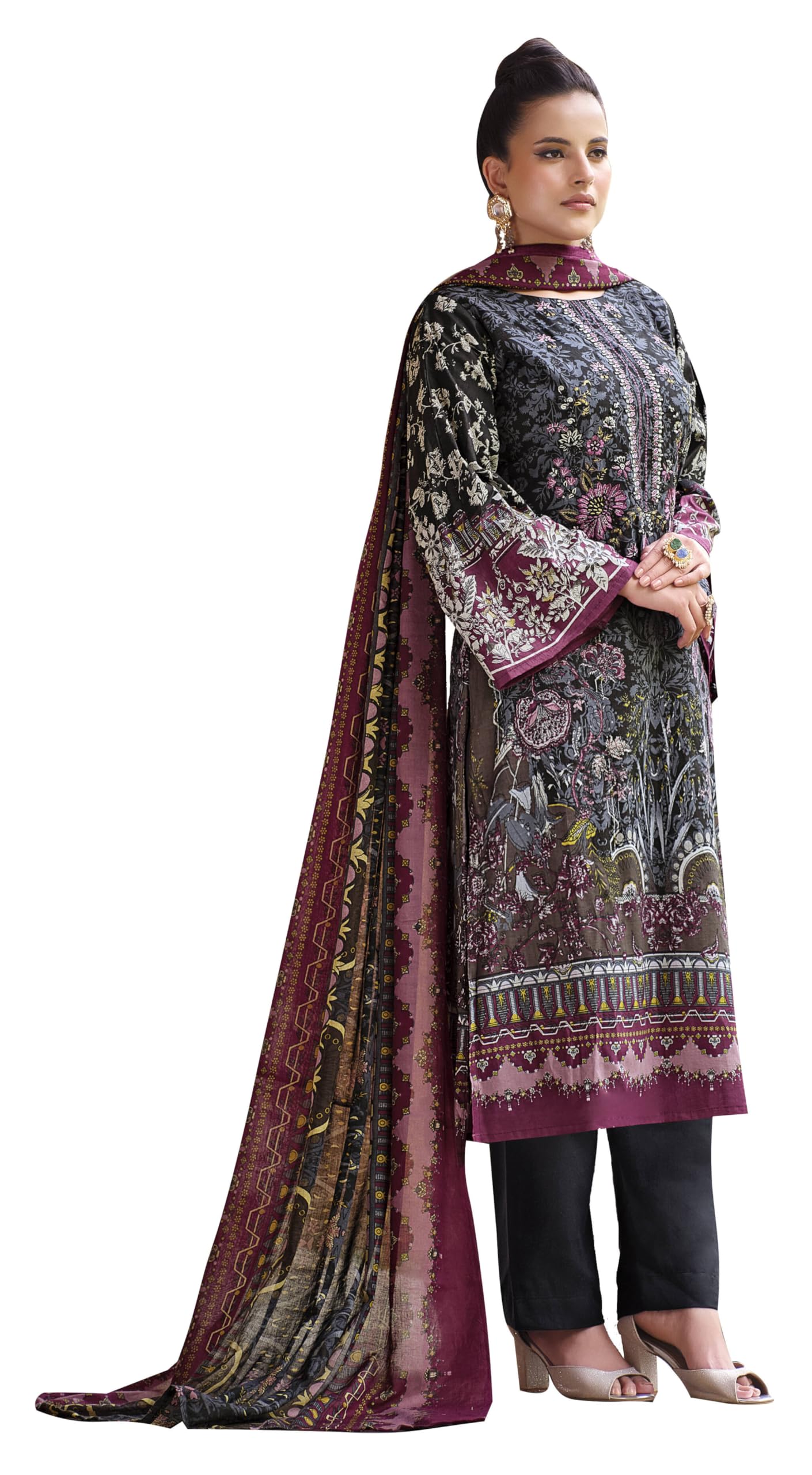 DRAVINAM Trends Unstitched Pakistani Print Embroidered Cotton Salwar Suit Dress Materials with Cotton Printed Dupatta (Beige)