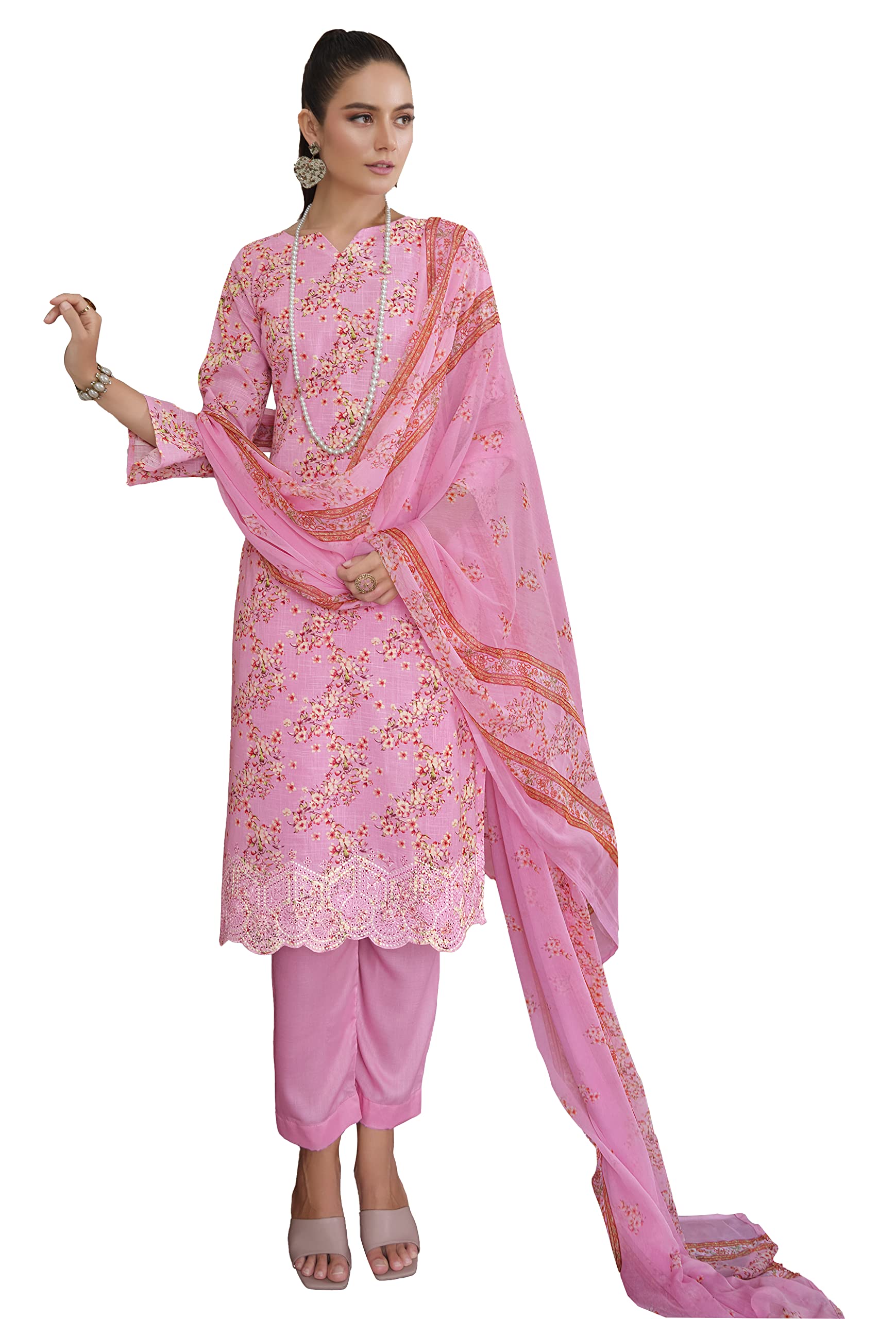 DRAVINAM Trends Unstitched Printed Embroidery Work Cotton Salwar Suits Dress Material with Chiffon Dupatta (Pink)