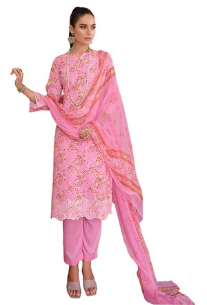 DRAVINAM Trends Unstitched Printed Embroidery Work Cotton Salwar Suits Dress Material with Chiffon Dupatta (Pink)