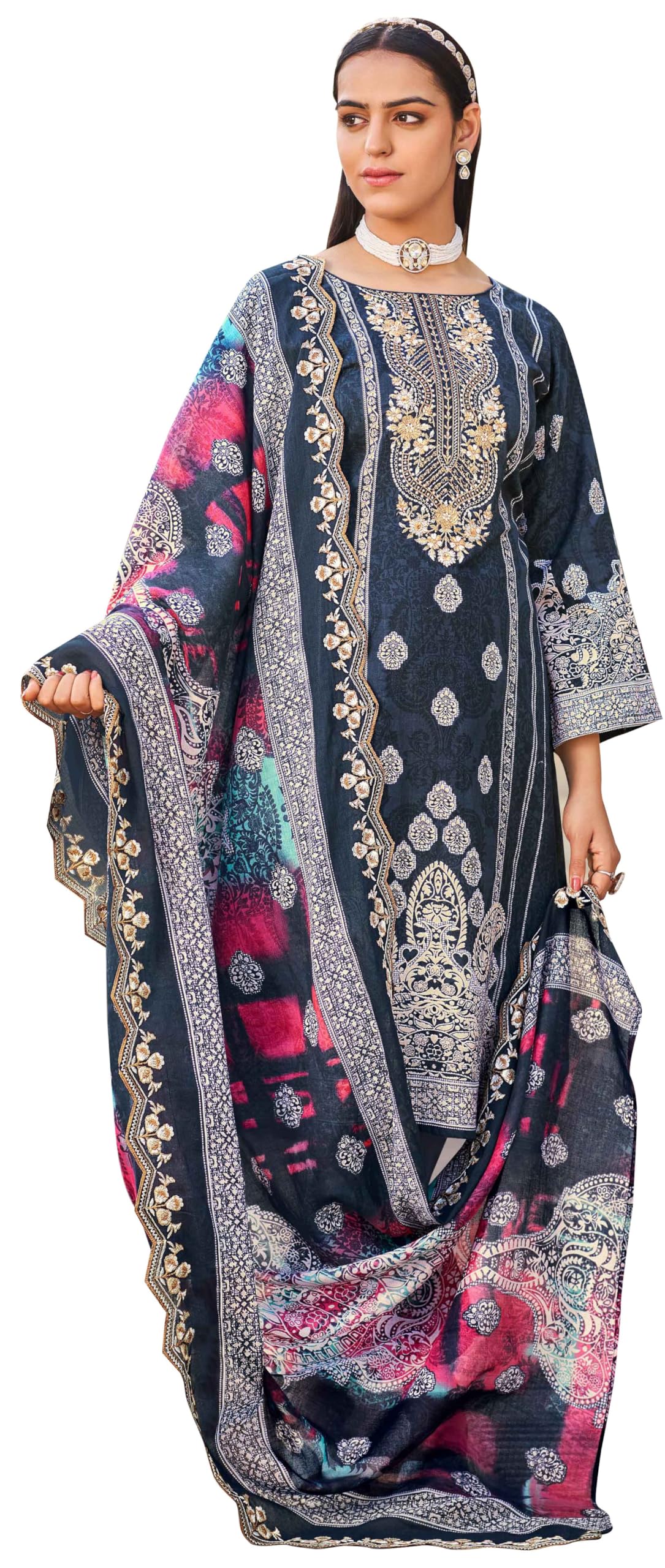 DRAVINAM Trends Women's Unstitched Salwar Suit Dress Material - Cotton Digital Printed Organza Embroidered Kameez II Unstitch Bottoms II Cotton Dupatta