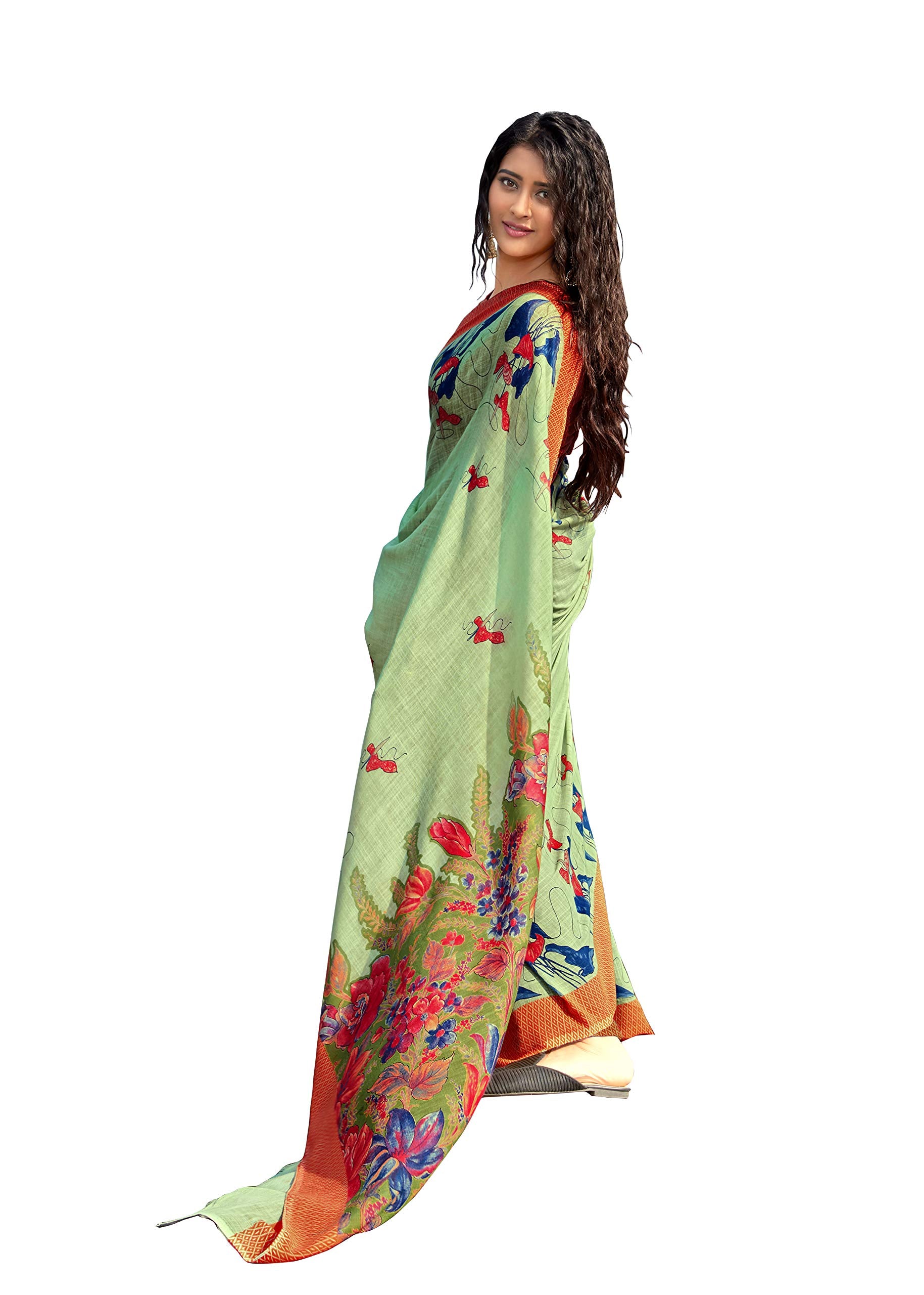 DRAVINAM Trends Women's Soft Printed Pure Linen Saree With Blouse Piece (Light Green)