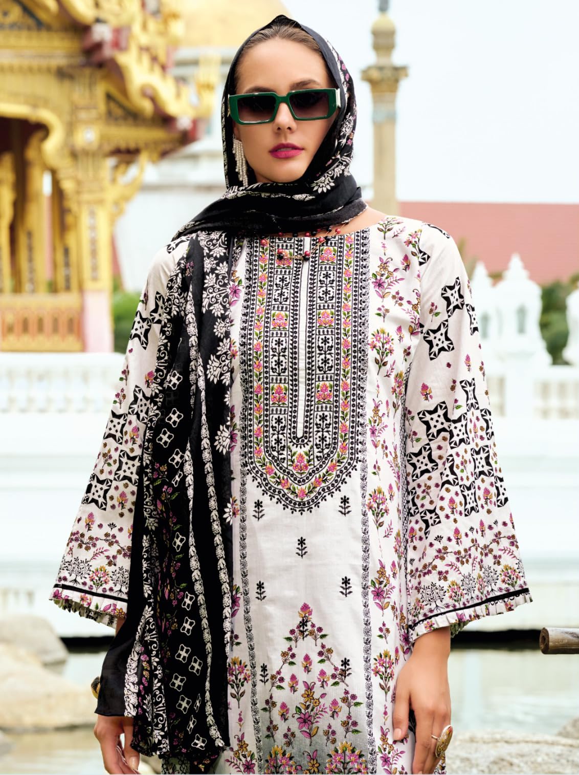 DRAVINAM Trends Kurti 2.50 mtrs, Pure Cotton (3 mtrs apx), Pure MAL MAL Cotton Dupatta Digital Print|Black 1
