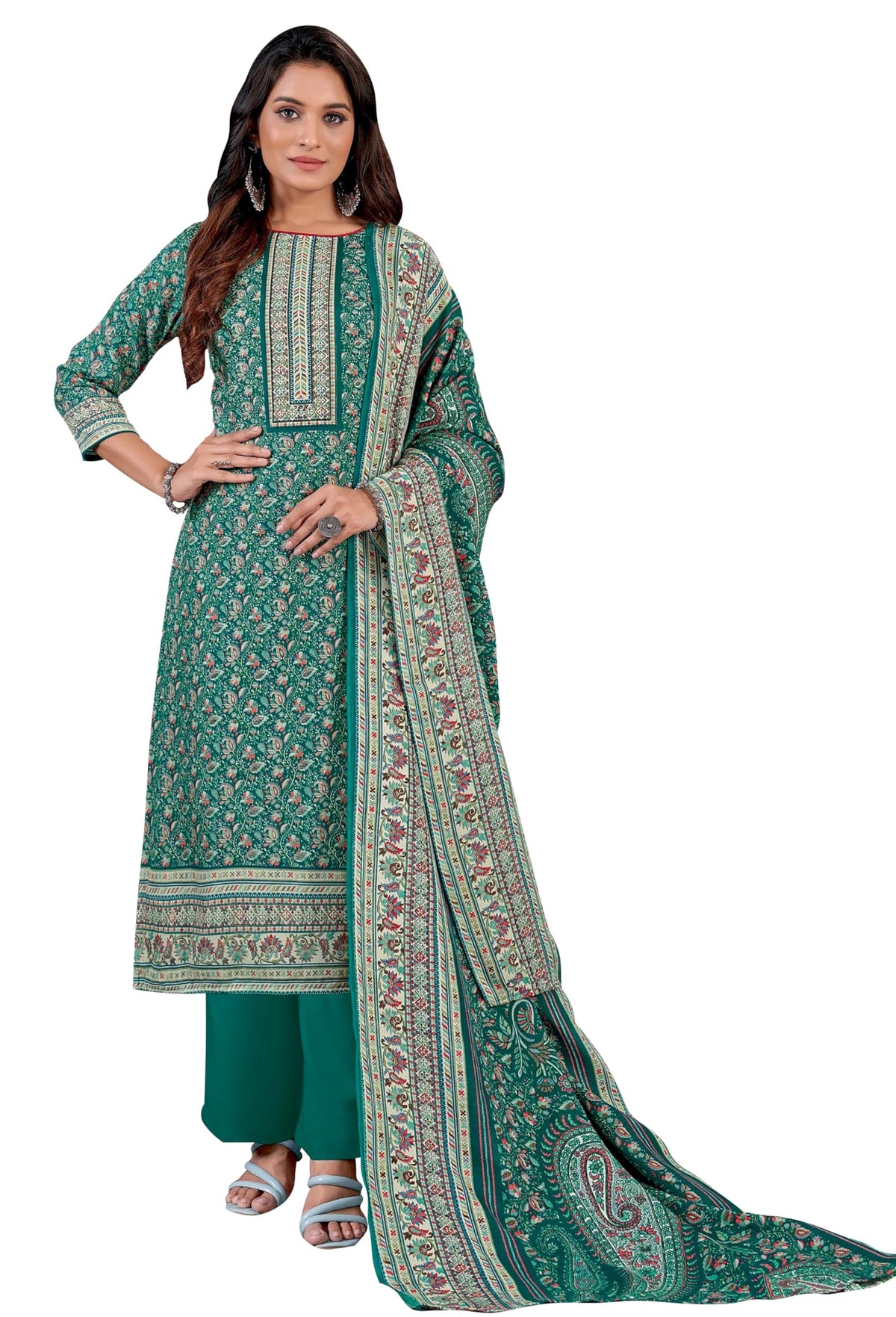 DRAVINAM Trends Women's Unstitched Kaani Digital Print Swaroski Work Spun Pashmina Winter wear Dress Material Fabric for Salwar Suit with printed Pashmina Kashmiri shawl dupatta (Free size)