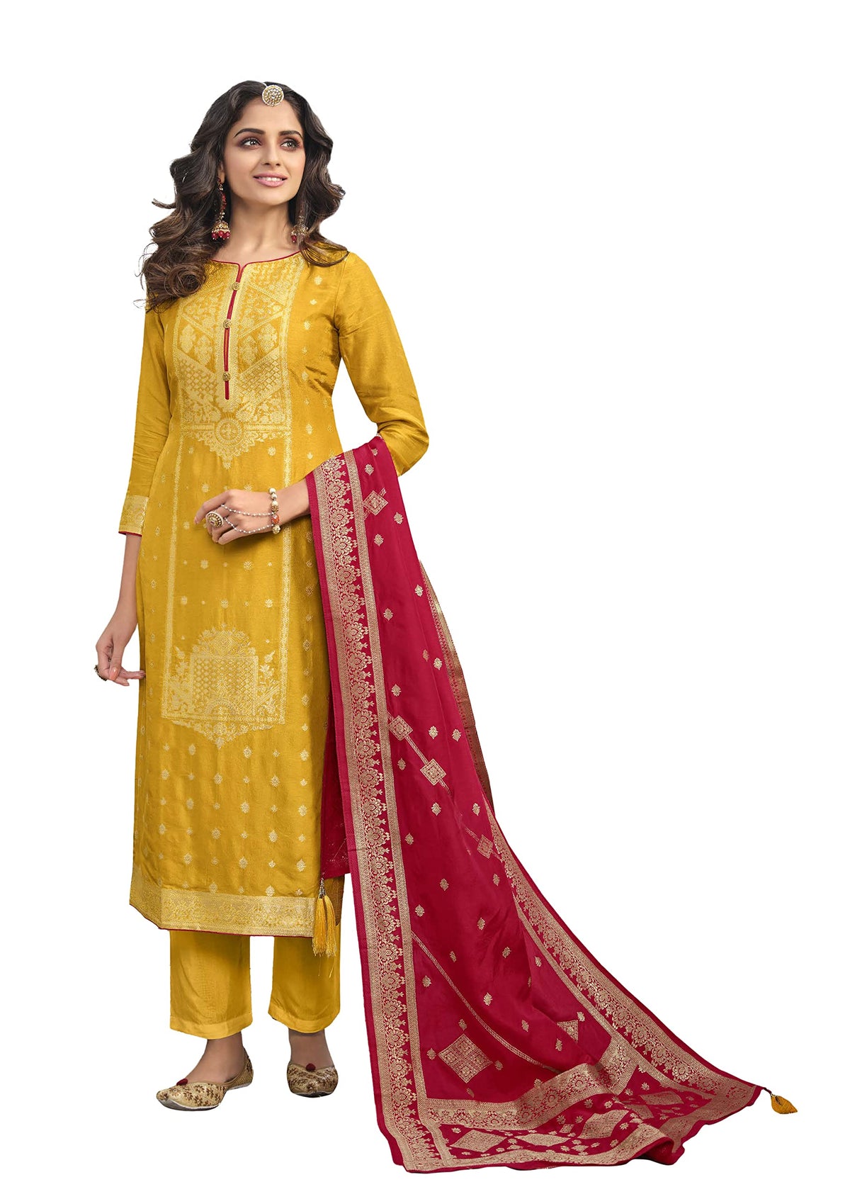 DRAVINAM Trends Women’s Unstitched banarasi Salwar Suit Fabric Dress Material with pure banarasi Dupatta (Red)