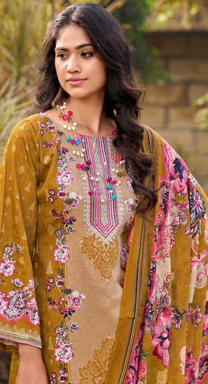 DRAVINAM Trends Women's Unstitched Jam Cotton Hand Embroidered Suit Material - Pure Jam Cotton Printed Hand Embroidered Kameez II Cotton Bottoms II Cotton Malmal Printed Dupatta