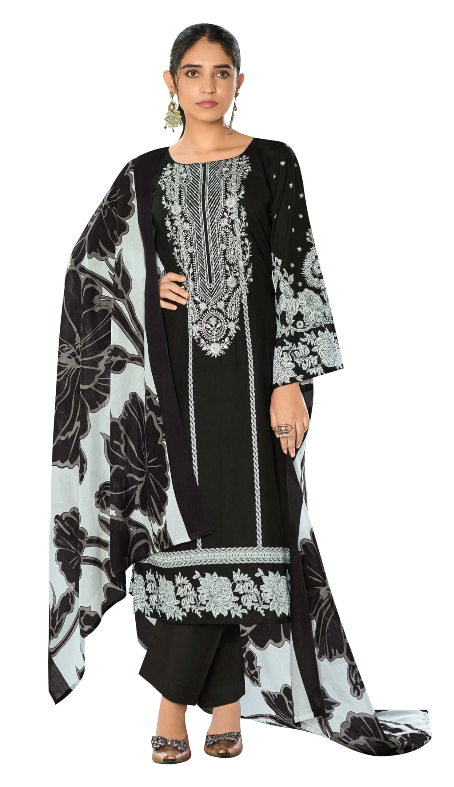 DRAVINAM Trends Unstitched Pure Lawn Cotton Pakistani Embroidered Suit Dress Material with Unstitched Bottoms and Cotton Dupatta