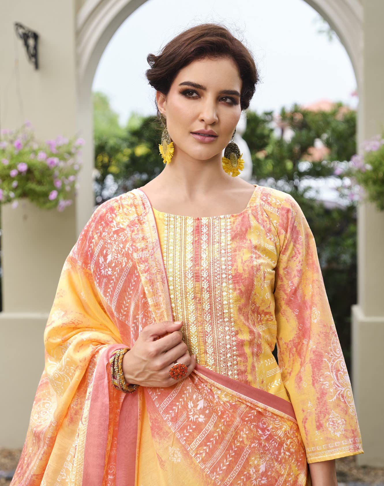 DRAVINAM Trends Unstitched Printed Embroidered Lace Work Cotton Salwar Suits Dress Material with Cotton Dupatta