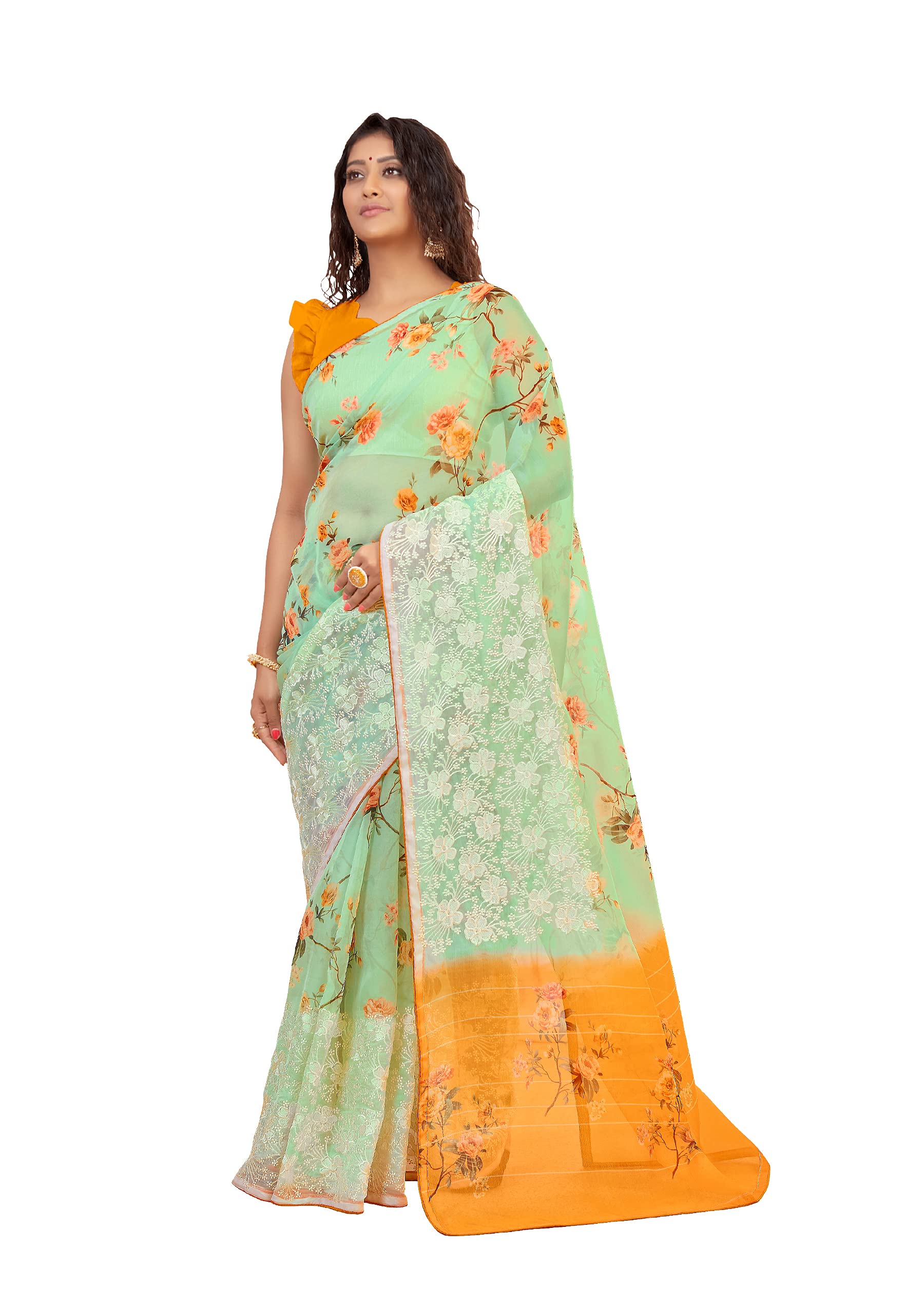DRAVINAM Trends Women's Jacquard Organza Saree With Blouse Piece (NaaOr_5_Sea Green And Yellow)