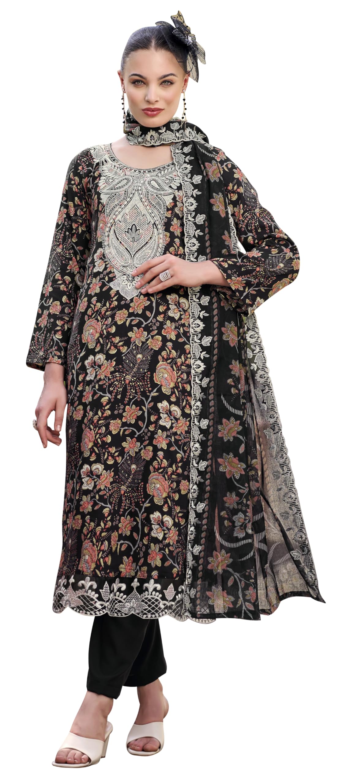 DRAVINAM Trends Pure Viscose Rayon Digital Printed Fancy Embroidered Organza Lace Suit Dress Material with Unstitched Bottoms and Cotton Cutwork Embroidered Dupatta