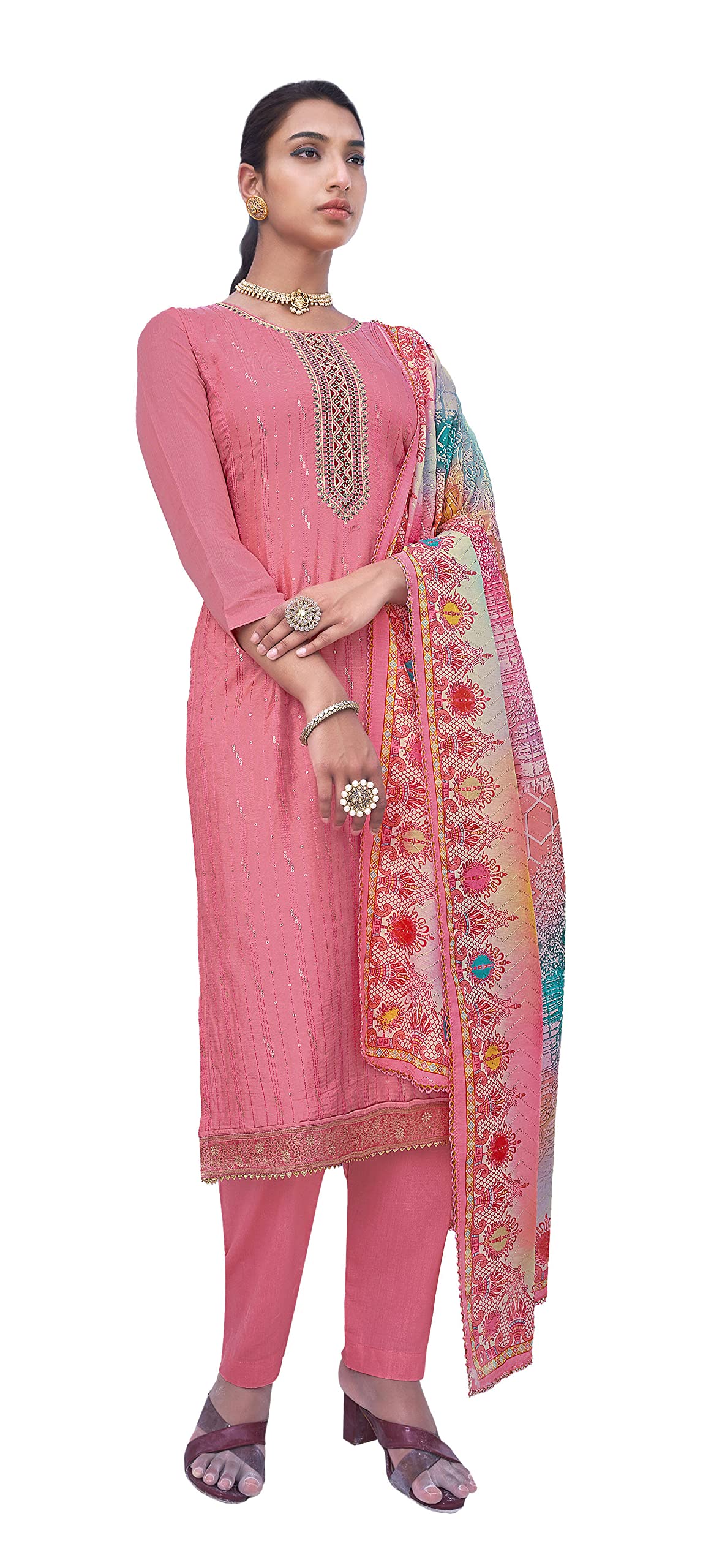DRAVINAM Trends Women's Pure Musline Embroidery work Unstitched Salwar Suit Material with Pure Muslin Digital Print Sequence work Dupatta (Free size_Grey)