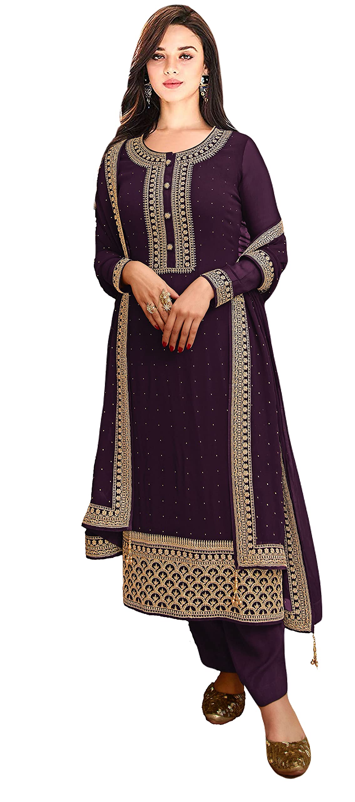 DRAVINAM Trends Women’s Pure Georgette Unstitched Salwar Suit Fabric Dress Material with Heavy Zari Embroidery and Dupatta (Voilet)