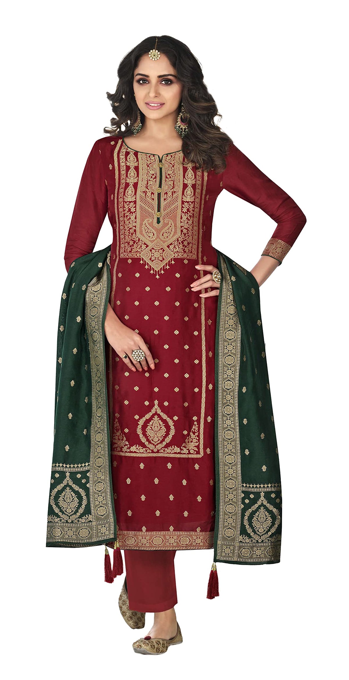 DRAVINAM Trends Women’s Unstitched banarasi Salwar Suit Fabric Dress Material with pure banarasi Dupatta (Red)
