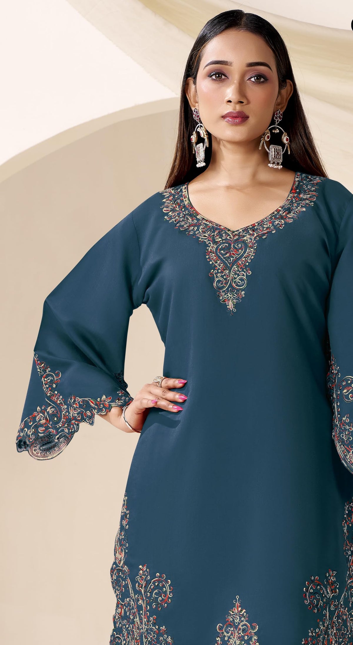 DRAVINAM Trends Women's Stitched Kashmiri Embroidered Pure Roman Silk Co-ord Set II Top II Pants (L / 40)
