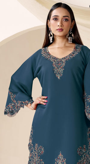 DRAVINAM Trends Women's Stitched Kashmiri Embroidered Pure Roman Silk Co-ord Set II Top II Pants (L / 40)