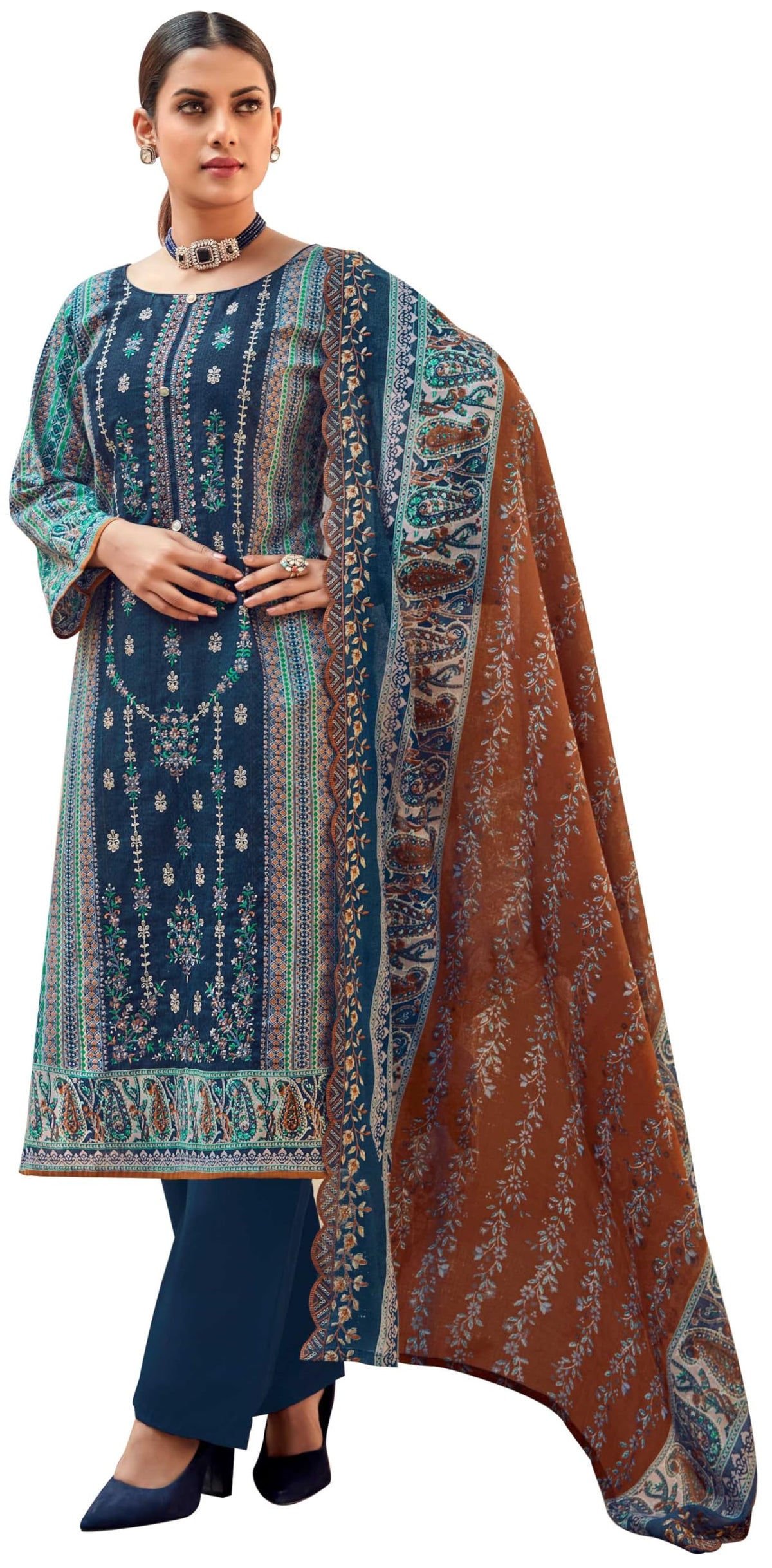 DRAVINAM Trends Women's Unstitched Salwar Suit Dress Material - Cotton Digital Printed Organza Embroidered Kameez II Unstitch Bottoms II Cotton Dupatta