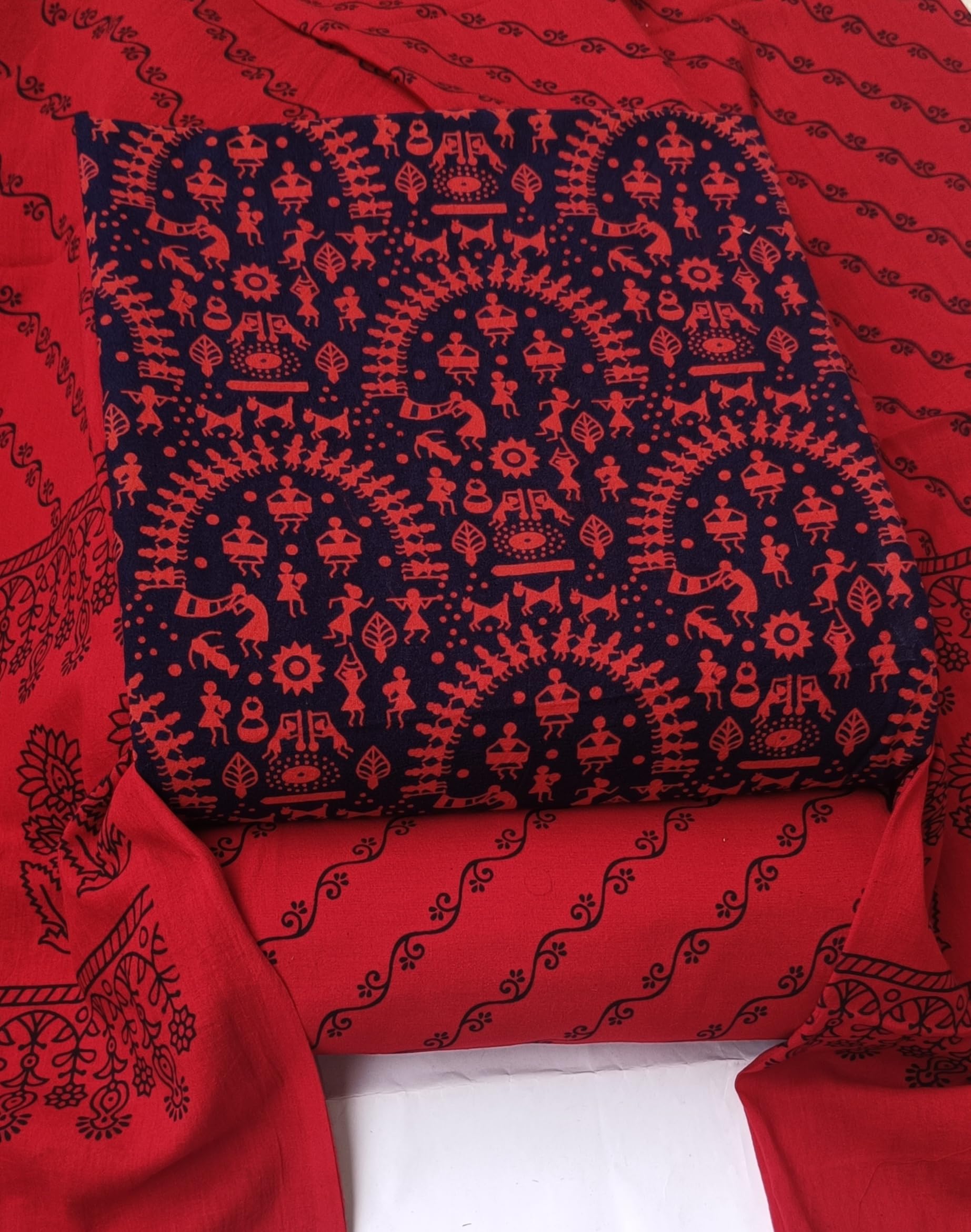 DRAVINAM Trends Women's Premium Cotton Unstitched Salwar Suit Dress Material Set | Traditional Rajasthani Gujari Block Print (Red & Mustard Yellow)