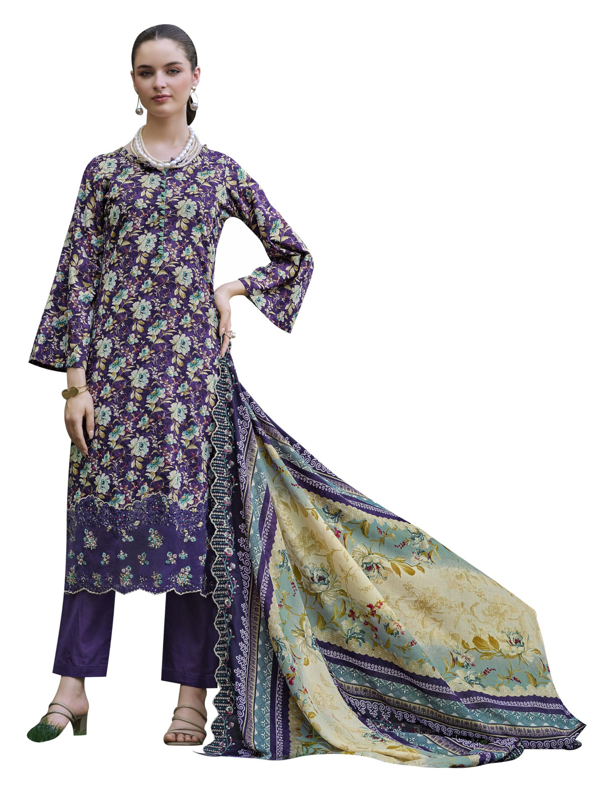 DRAVINAM Trends Women's Stitched Digital Print Embroidered Scalloping Cutwork Pure Cotton Kurta Pant Suit Set with Cotton Embroidered Scalloping Cutwork Dupatta (XL / 42)