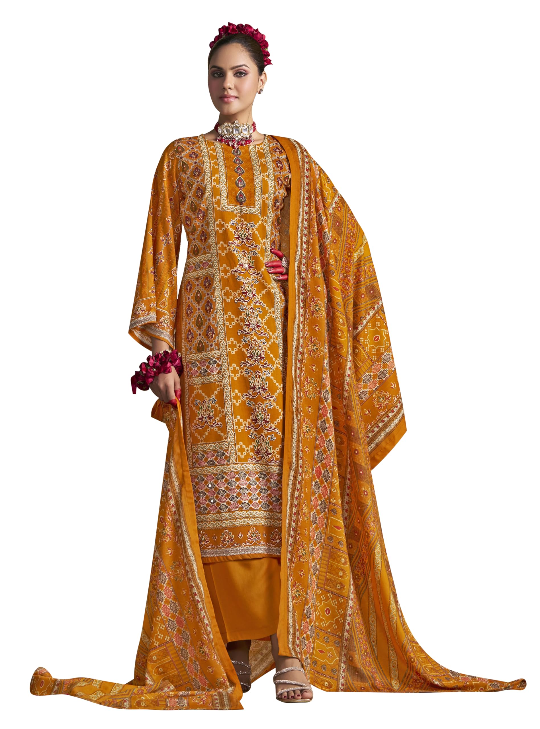 DRAVINAM Trends Women's Unstitched Rayon Salwar Suit Dress Material – Heavy Viscose Printed Top with Handwork II Pure Viscose Plain Bottom II Pure Cotton Mal Mal Printed Dupatta