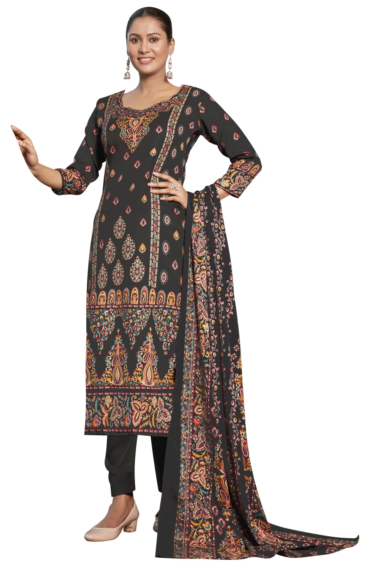 DRAVINAM Trends Women's Printed Woolen Pashmina Unstitch Salwar Suit Dress Material with Printed Woolen Warm Shawl Dupatta