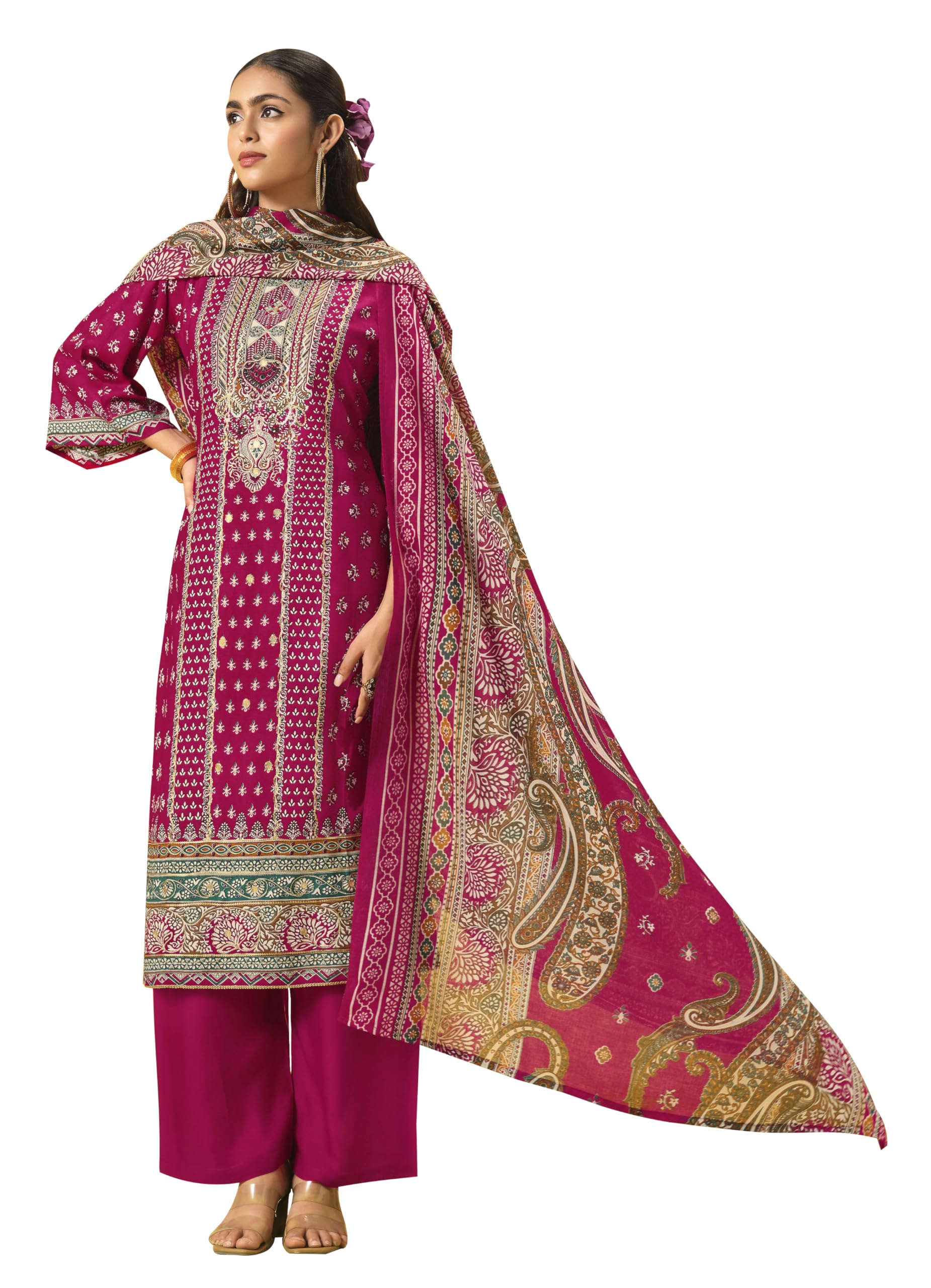 DRAVINAM Trends Women's Unstitched Salwar Suit Dress Material - Cotton Digital Printed Organza Embroidered Kameez II Unstitch Bottoms II Cotton Dupatta