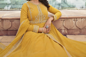 DRAVINAM Trends Women's Pure Georgette Heavy Zari Embroidered Anarkali Unstitched Suit Gown material with Georgette Embroidered and Swaroski work Dupatta (Free Size_Pinkish Red)