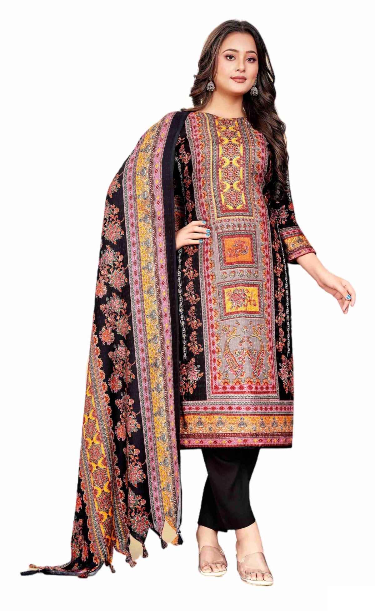 DRAVINAM Trends Women's Pakistani Printed Pashmina Unstitch Salwar Suit Dress Material with Pashmina Printed Shawl Dupatta