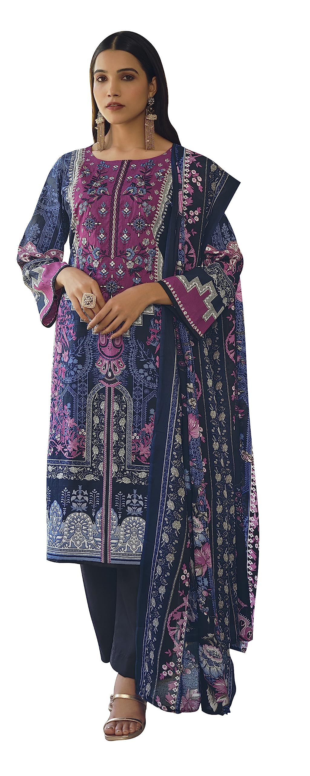 DRAVINAM Trends Women's Unstitched Printed Embroidered Pure Cotton Pakistani Salwar Suit Dress Materials with Cotton printed Dupatta (Black)