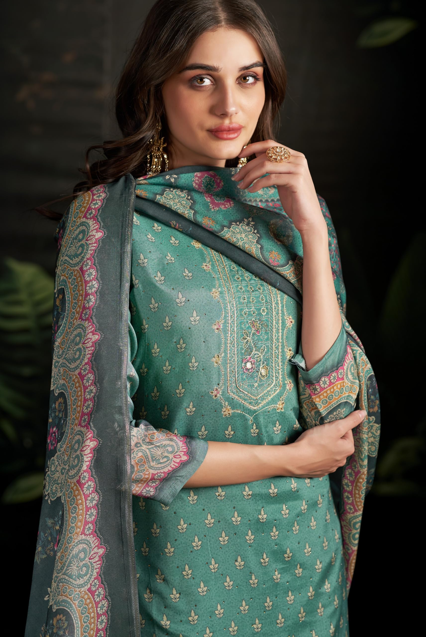 DRAVINAM Trends Women's Unstitched Maslin Salwar Suit Dress Material - Pure Bemberg Maslin Aari Work Kameez II Rayon Unstitch Bottoms II Viscose Maslin Digital Prints Dupatta