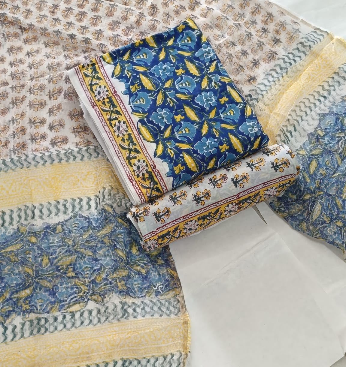 DRAVINAM Trends Sanganeri Hand Block Print Pure Cambric Unstitched Cotton Suit Dress Material with Kota Doriya Hand Printed Dupatta