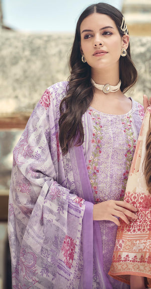 DRAVINAM Trends Women's Cotton Printed Thread Embroidery Work Unstitched Salwar Suit Dress Material With Dupatta (Grey, Unstitched Suit)