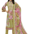 DRAVINAM Trends Women's Pure Cotton Digital Printed Suit with Exclusive Heavy Self-Embroidery Neck & Organza Daman Embroidery | Mal Mal Cotton Printed Dupatta & Bottom – Ready to Wear (OLIVE, XXL)